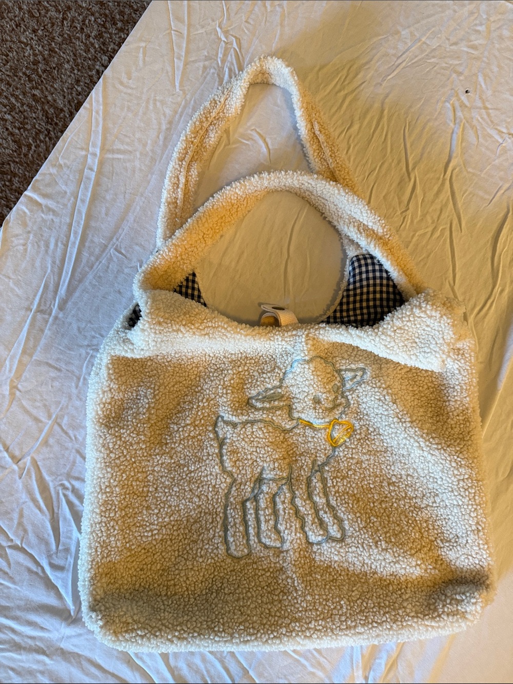 Vintage Style Cream Faux Sherpa Lamb Embroidered Tote Bag